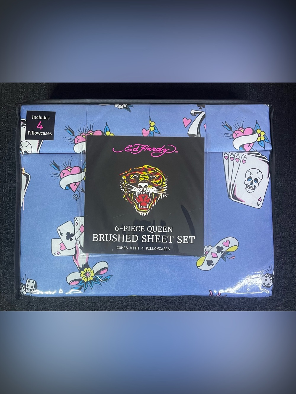Ed Hardy DP 6-pc Queen Sheet Set Blue Lucky Aces 7s Dice Skulls Casino NEW NIP